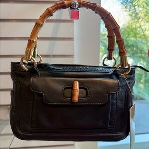 Elegant Black Leather Charles David Handbag with Bamboo Handle - designer sample